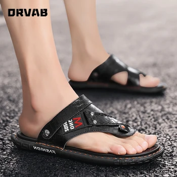 

Summer Men Sandals Genuine Leather High Quality Male Comfortable Shoe Black Slip-On Designers Slippers Gladiator Beach Sandals