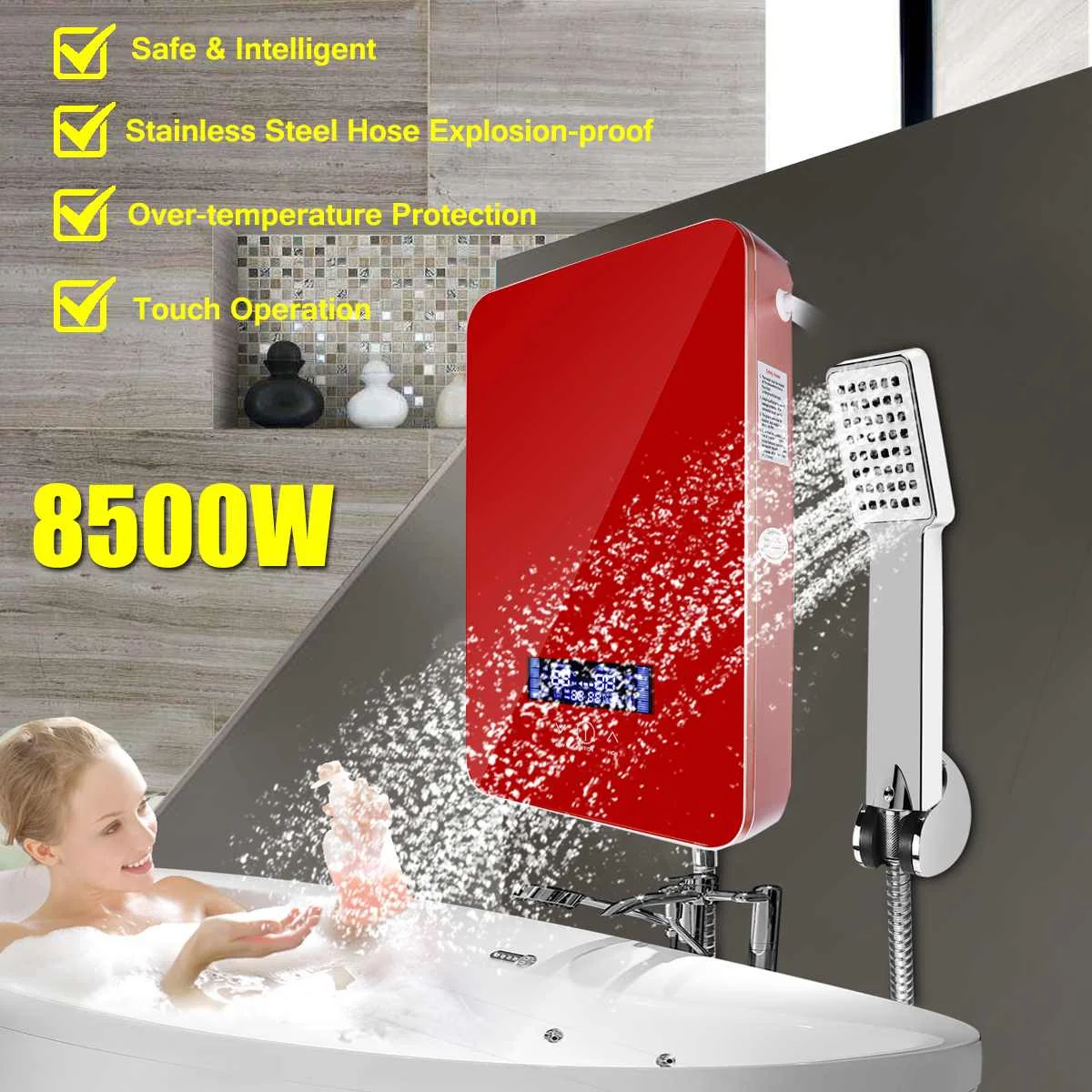 8500W 220V chauffe eau électrique instantané sans réservoir chaudière salle de bain douche ensemble sûr et Intelligent suspendu opération tactile