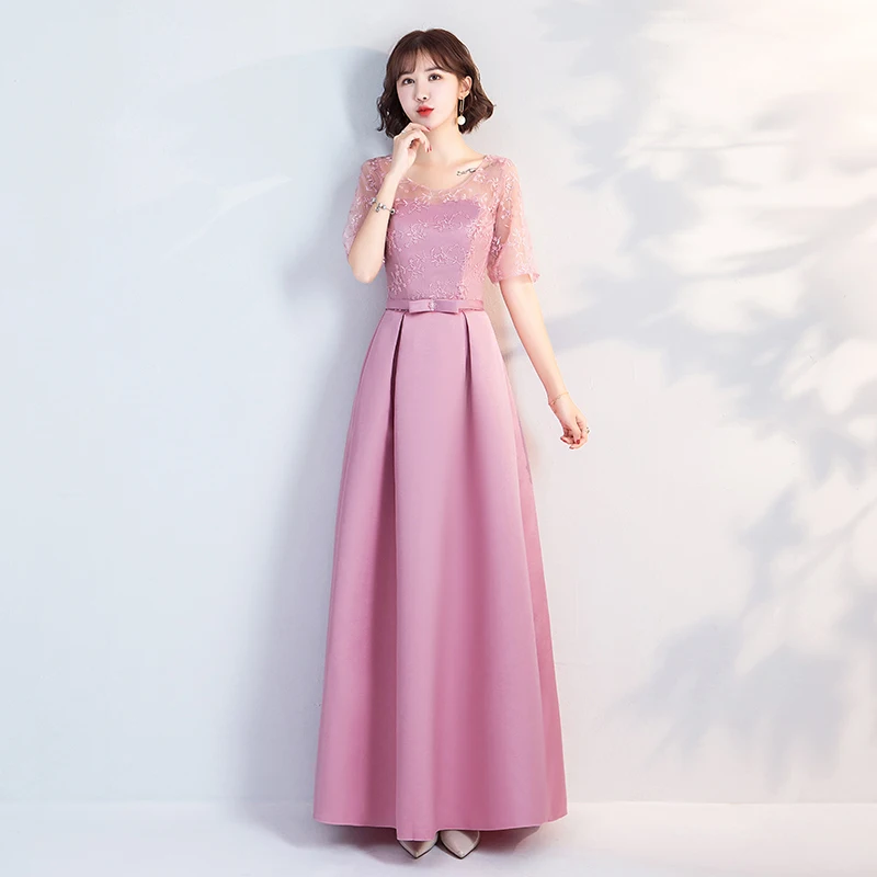 Розовое Бордовое платье подружки невесты длиной до середины икры с вышивкой