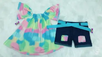 

Summer Children Toddler Kids Clothes Set Little Baby Girls tie-dyed fabric ruffle jeans shorts Outfit Clothing Set