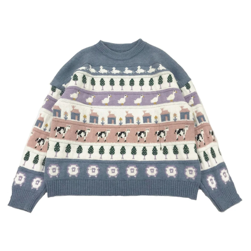 Winter New Retro Women's Pullover Sweater Loose Animal Jacquard O-neck Knit Thick Warm Long Sleeves Suitable For Teenage Girls | Женская
