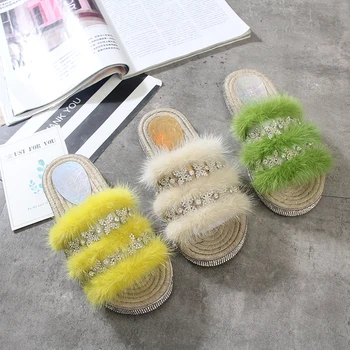 

Furry Slippers Women Shoes Platform Crystal Fashion Mink Hair Fur Slides 2019 New Summer Ladies Outdoor Flax Shoe Women Footwear