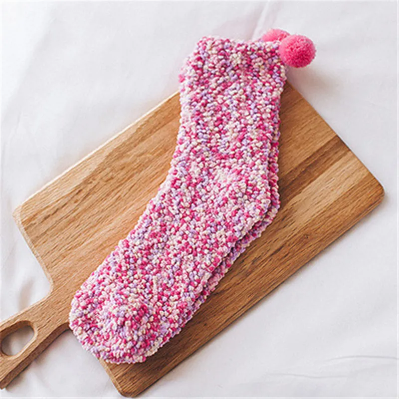 Cute girls' coral fleece socks women thickening warm winter soft floor socks with cute hairball Christmas gift socks dropship - Цвет: Rose Red