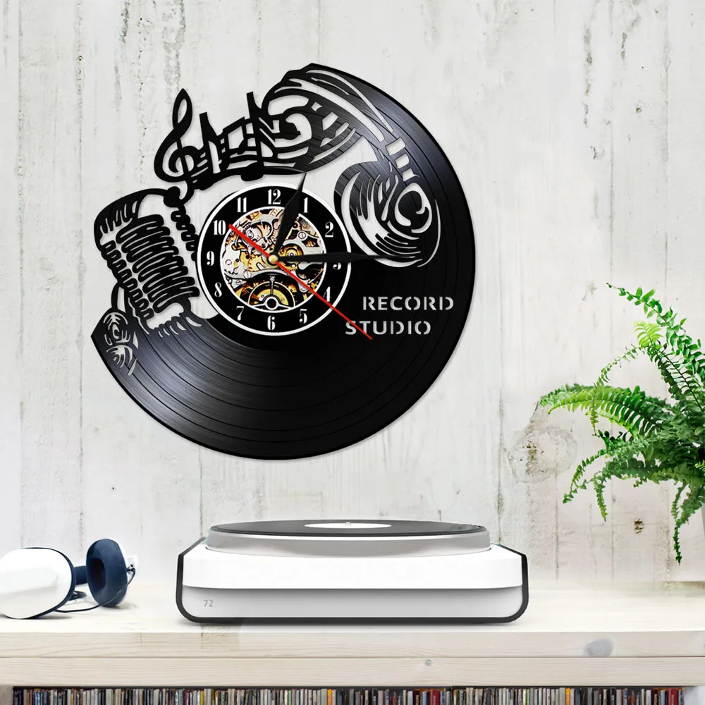Record Studio винтажные 1" черные подвесные настенные часы с музыкальной нотой рок-н-ролл гарнитура микрофон светодиодный часы с подсветкой zegarki szcienne