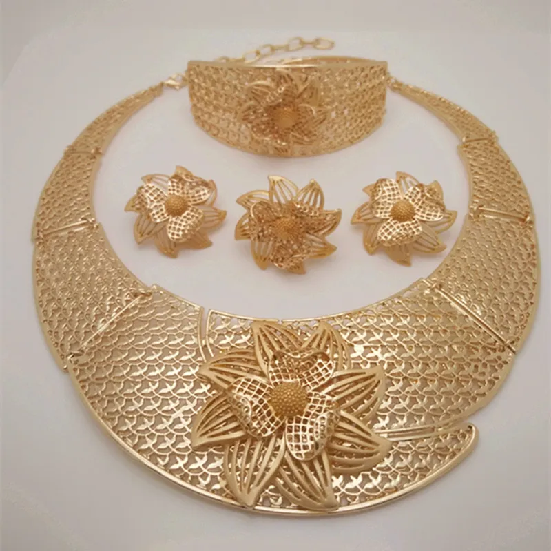 Kingdom Ma Wholesale Fashion Gold Color Nigerian Wedding Bridal African Necklace Bracelet Earrings Rings Sets Jewelry Set - Image 2
