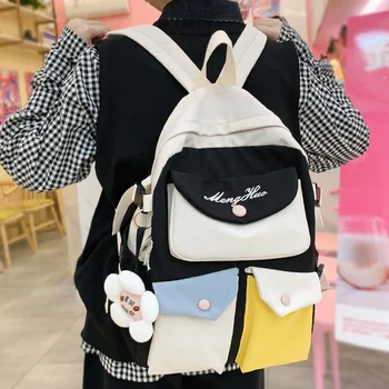 

New Lovely colored waterproof nylon Women Backpack Multi-pocket school bags for students buckle backpack embroidery book Mochila
