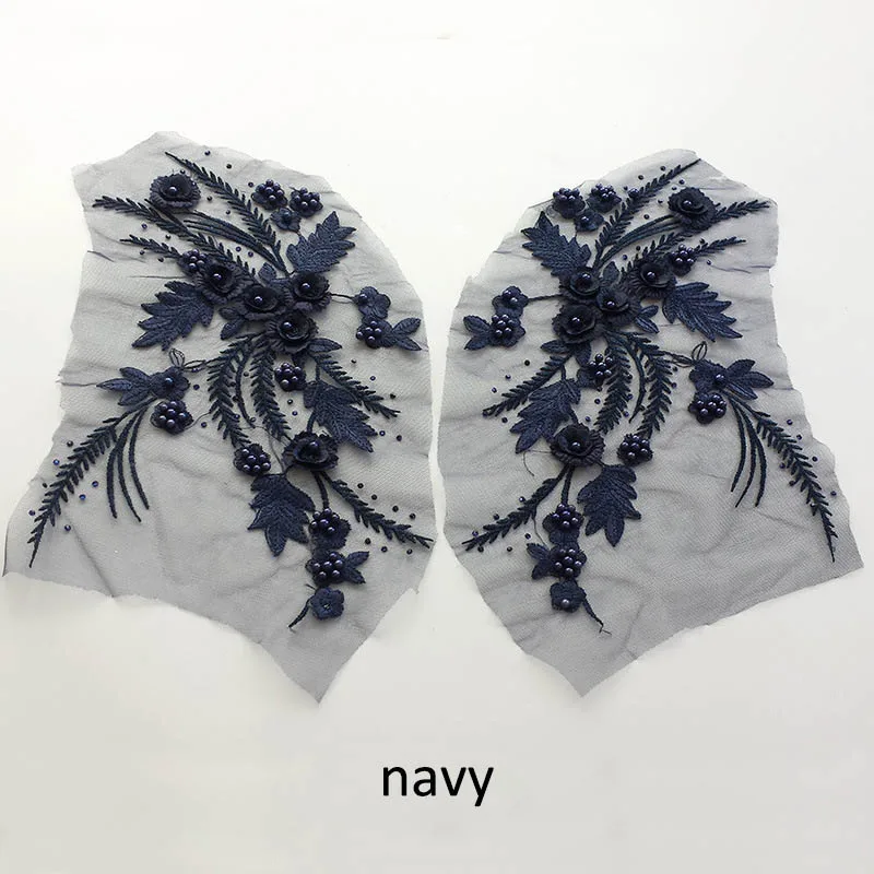 navy 2 шт. 3D Цветочная вышивка одежда нашивки ручной работы кружево бисером тюль швейная ткань аппликация свадебное платье Одежда DIY Аксессуары - Цвет: navy