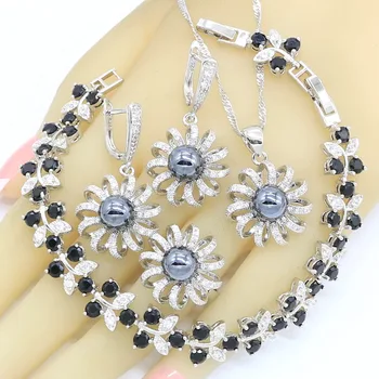 

Black Pearl Silver Color Jewelry Sets For Women Earrings Necklace Pendant Rings Zircon Bracelet Gift Box
