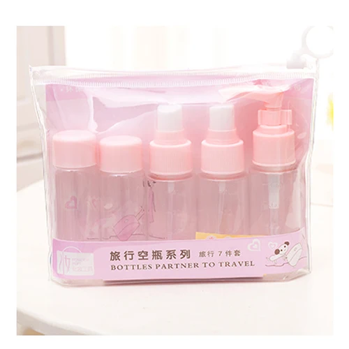 makeup bag 7pcs/Set Portable Spray Refillable Bottles Kit Plastic Makeup Container Home Travel Empty Spray Refill Bottles pouch - Цвет: Розовый
