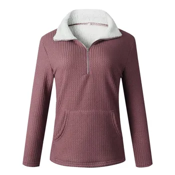 

Fashionable Women Sweatshirt Solid Color Lapel Long Sleeve Zipper Casual Warm Winter Autumn Loose Tops