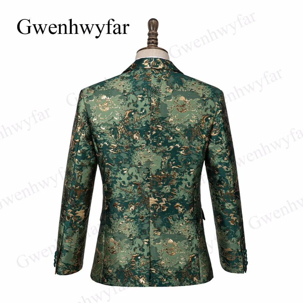 Gwenhwyfar/Смокинги с пуговицами в виде лягушки, Армейский Зеленый жаккардовый мужской костюм, приталенный модный костюм с пиковым отворотом, Свадебный костюм жениха для вечеринки