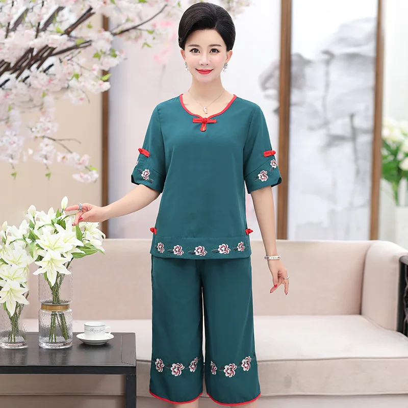 

Mom Summer Wear Cotton Linen WOMEN'S Suit 50-60-Year-Old Middle-aged WOMEN'S Apparels Summer Large Size Embroidered Short Sleeve