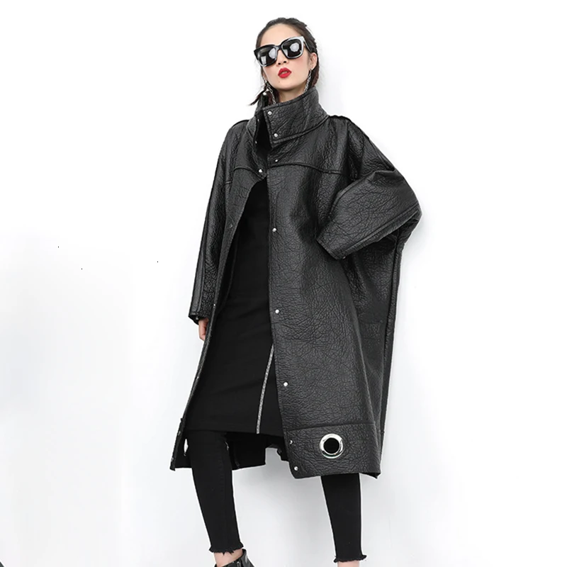 TWOTWINSTYLE Hollow Out PU Leather Lace Up Womens Coats Stand Collar Batwing Sleeve Coat Female Autumn Oversize Fashion New