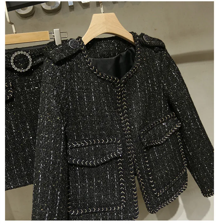 Coat Женское высококачественное черное твидовое пальто+ трапециевидная юбка, осенняя элегантная юбка, костюм B262 - Цвет: Coat