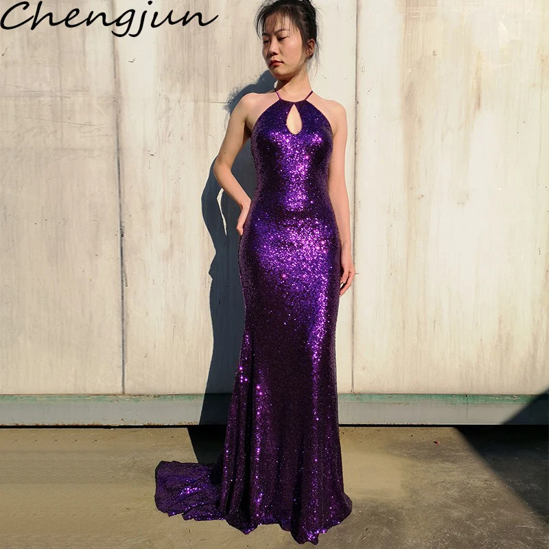 Chengjun очень сексуальное платье годе с лямкой на шее без спинки корейское фиолетовое вечернее платье с блестками