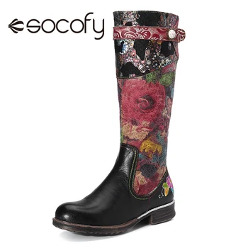 

SOCOFY Flowers Cloud Women's Cowhide Low Chunky Heel Round Toe Zip Long Shoe Elegant Shoes Women Shoes Botas Mujer 2020