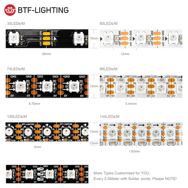 Bande lumineuse LED RVB, lumières intelligentes adressables, Pixels magiques, noir, blanc, PCB, IP30, 65, 67, WS2812B, DC5V, WS2812 3