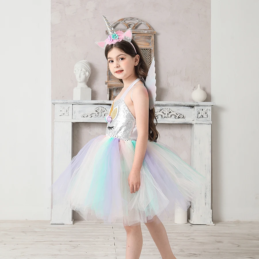 Sequin Unicorn Flower Girls Tutu Dress Pastel Rainbow Pony Dress Kids Halloween Birthday Party Carnival Costume Unicorn Outfit (6)