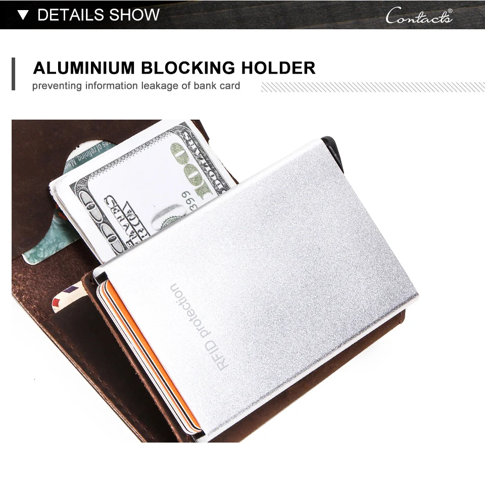 Contact's Crazy Horse Leather Men Wallet Rfid Blocking Credit Card Holder Aluminum Box Automatic Pop Up Business Security Purse