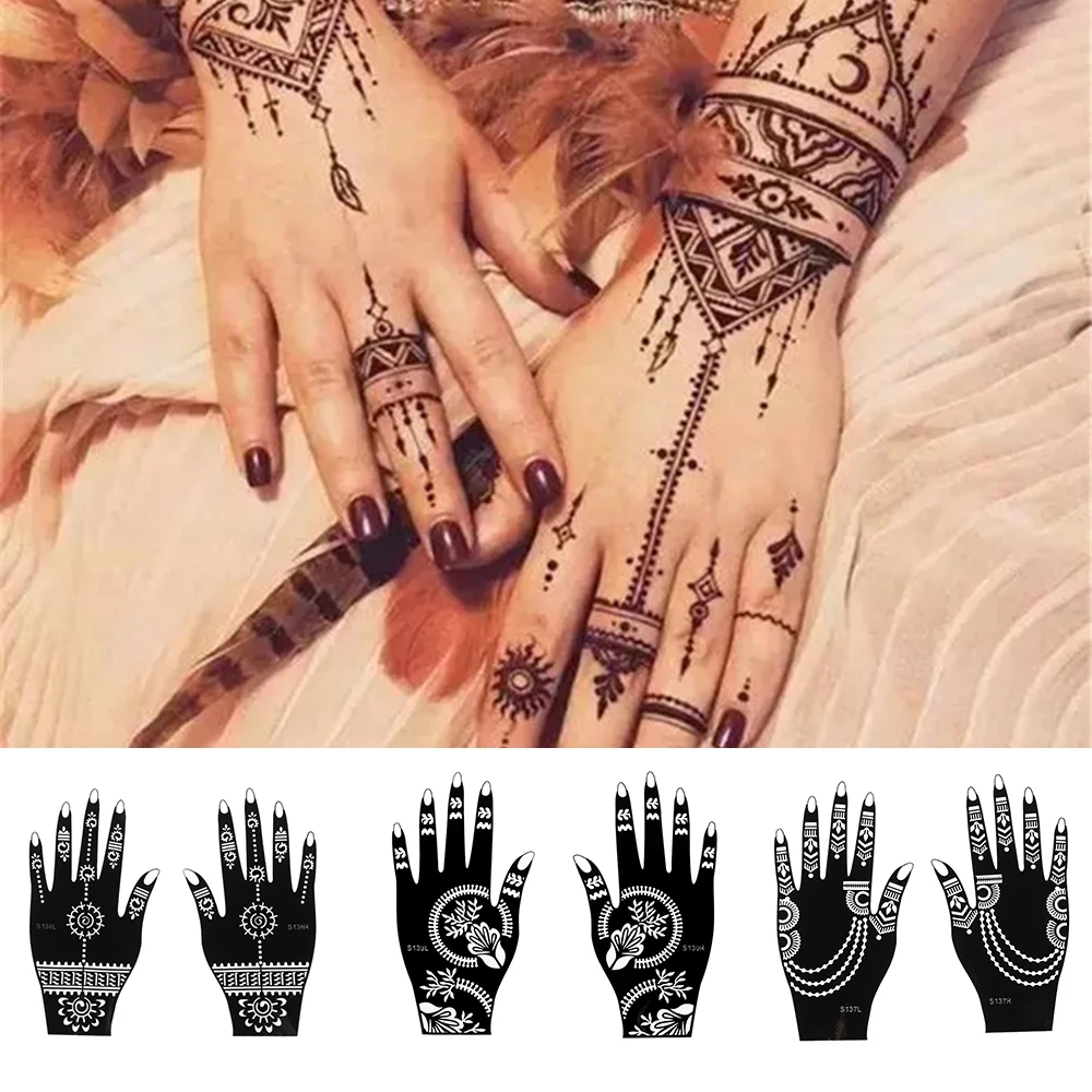 Случайный 1 пара черный цвет руки хна трафареты 10 шаблон для выбора тату, боди-арт стикер использовать тату наклейка на руку шаблон