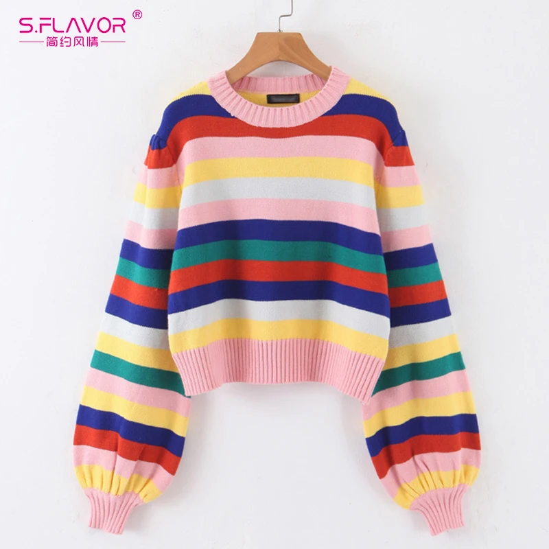 

S.FLAVOR Fashion Christmas Knitted Sweater Women Harajuku Rainbow Stripes Lantern Sleeve Sweaters Streetwear Casual Jumpers