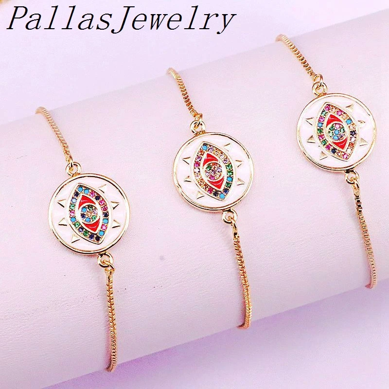 

10Pcs Fashion Charms Jewelry Colorful CZ Micro Pave Eye Enamel Round Connecto Bracelets For Women Girls