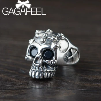 

GAGAFEEL Punk Men's Open Ring Inlaid With Black Zircon Fashion Thai Silver Craft Jewelry S925 Silver Vintage Skull Silver Ring