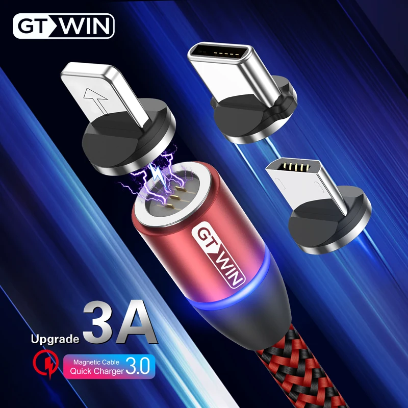 GTWIN 1 м/2 м Магнитный Micro USB кабель для iPhone samsung 3A быстрой зарядки usb type-C шнур для мобильного телефона, провод для передачи данных, магнитное зарядное устройство