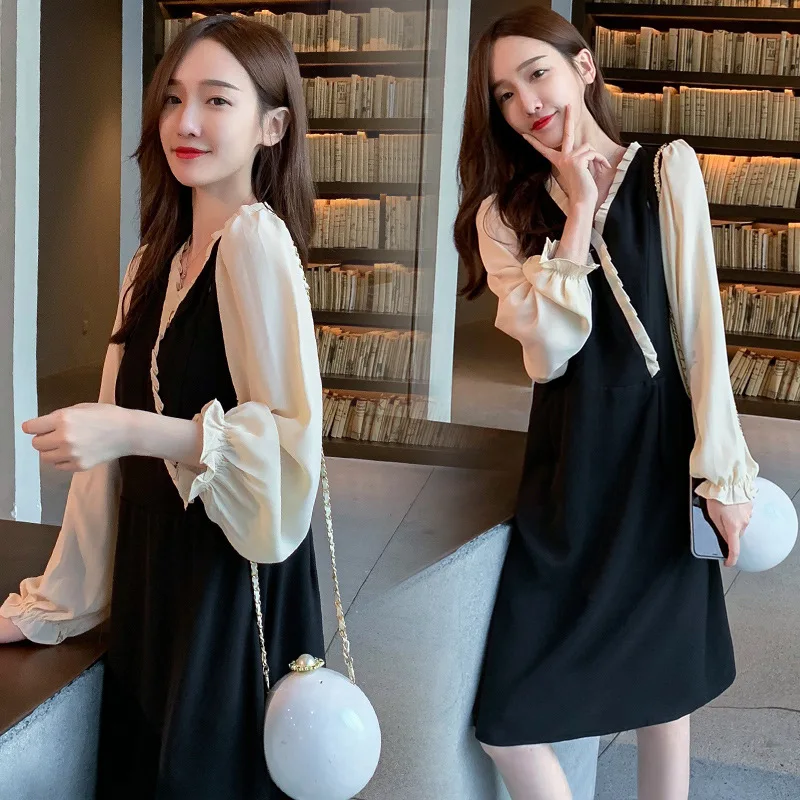 

Maternity Clothes Fashion Mom Pregnancy Tops Nursing Dress Hepburn Wind French Waist Hugging Chiffon wei nai qun
