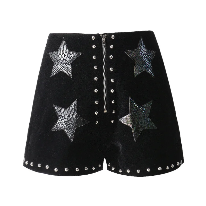

High Street Designer Women Punk Style Shorts Rivets Slim Chic Outerwear Autumn Winter Female Cartoon Stars Pattern Aline Short