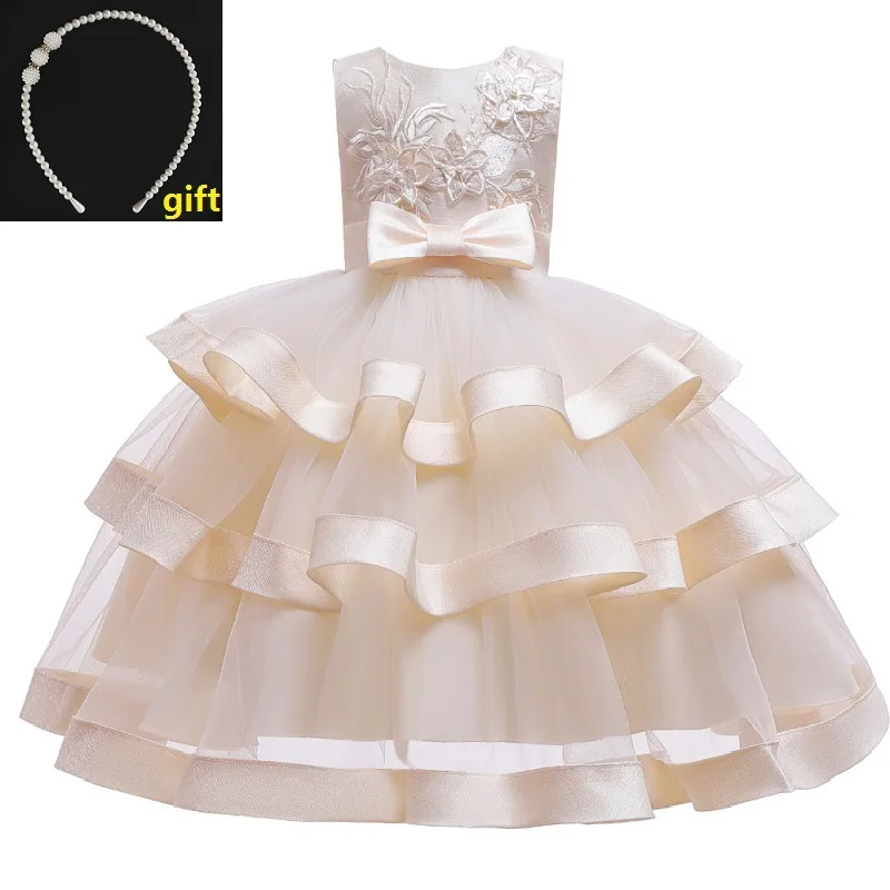 champagne Gift hair accessories new flower girl wedding dress baby party embroidered butterfly princess dress children's mesh cake dress - Цвет: champagne