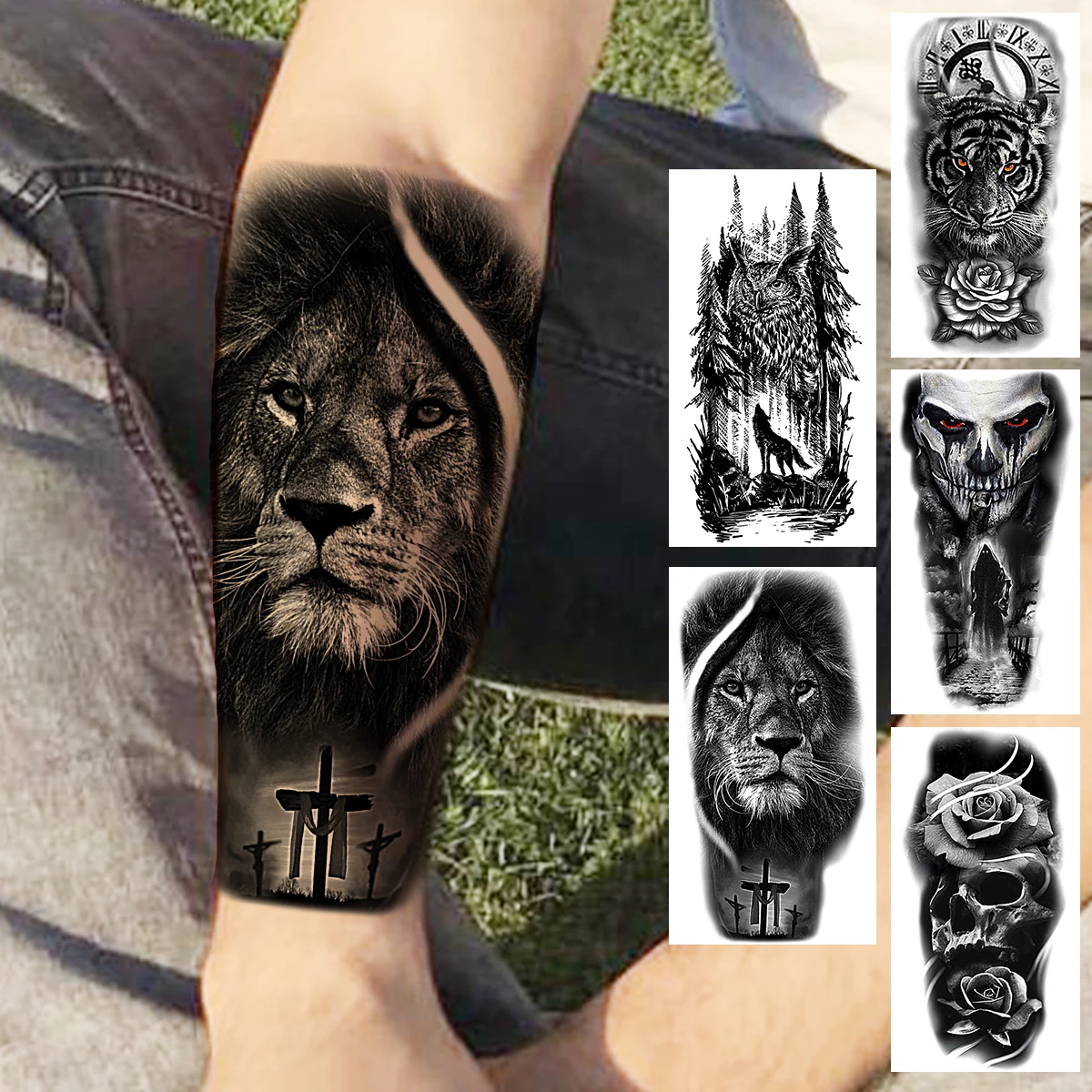 

Black Lion Temporary Tattoos For Men Adults Realistic Tiger Forest Clown Skull Compass Fake Tattoo Sticker Forearm Tatoos DIY