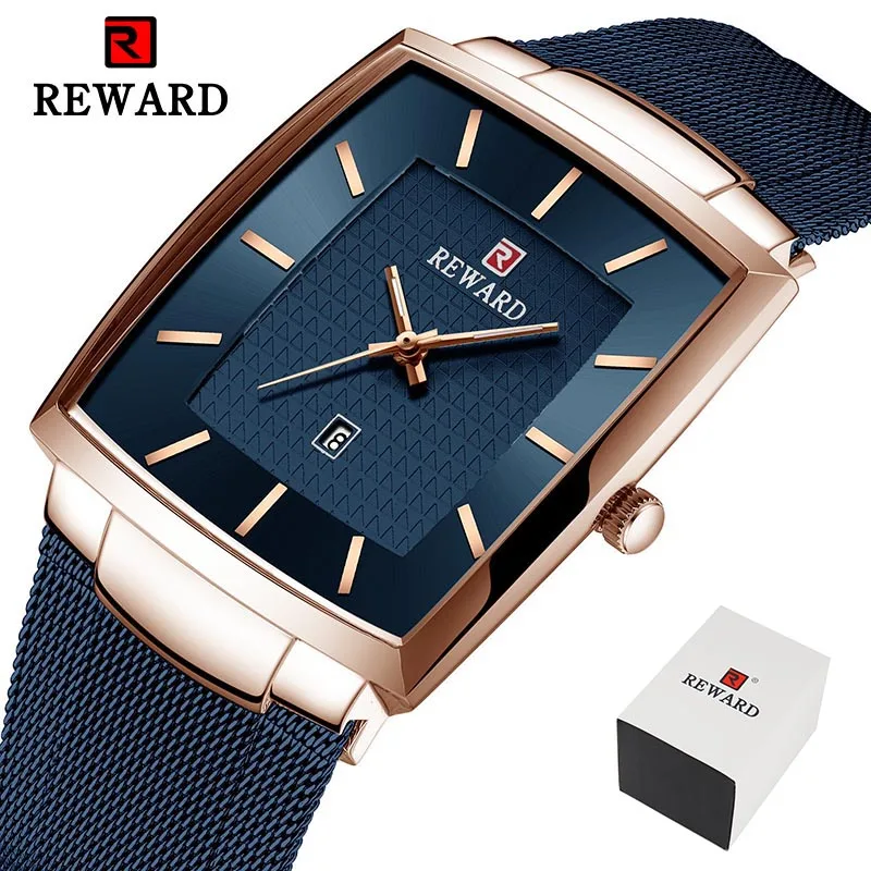 Blue(with box) Награда Топ бренд мужские часы бизнес Relogio Masculino квадратные кварцевые мужские часы мужские наручные часы полностью стальные водонепроницаемые мужские часы - Цвет: Blue(with box)