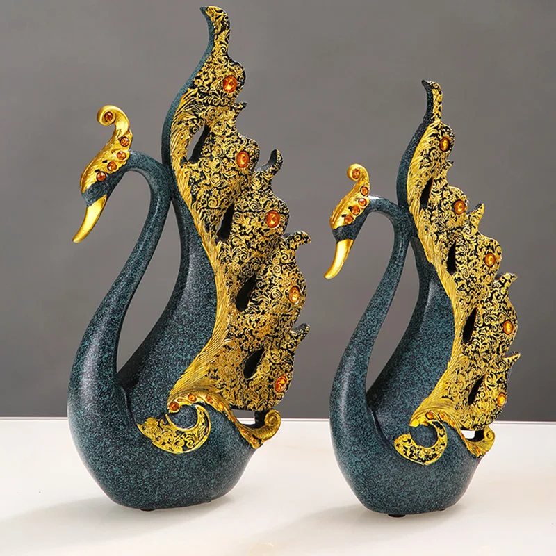 A Pair Golden Swan Sculpture Statue Living Room TV Cabinet Ornaments Wedding Gift for Friends Lovers Home Decoration Accessories