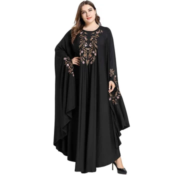 

Siskakia Oversize Bawing Sleeve Long Dress Black Floral Embroidered Muslim Dubai Arab kaftan O Neck Long Sleeve Milk Silk fabric