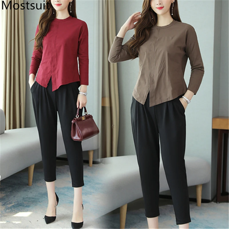 

Cotton Linen Two Piece Sets Outfits Women Plus Size Spring Autumn Tops And Cropped Pants Suits Casual Fashion 2 Piece Sets 2019