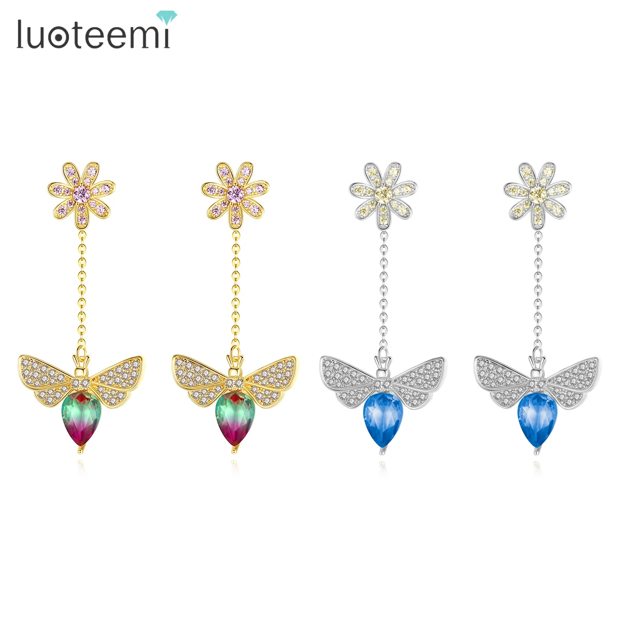 LUOTEEMI Роскошные CZ пчелы свисающие серьги для женщин модное ювелирное изделие