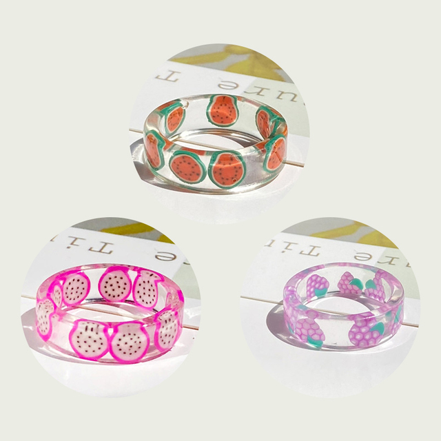 Korea Colorful Fashion Resin Fruit Ring Set Metal Geometric Irregular Open Rings for Women Party Wedding Jewelry Ring Set