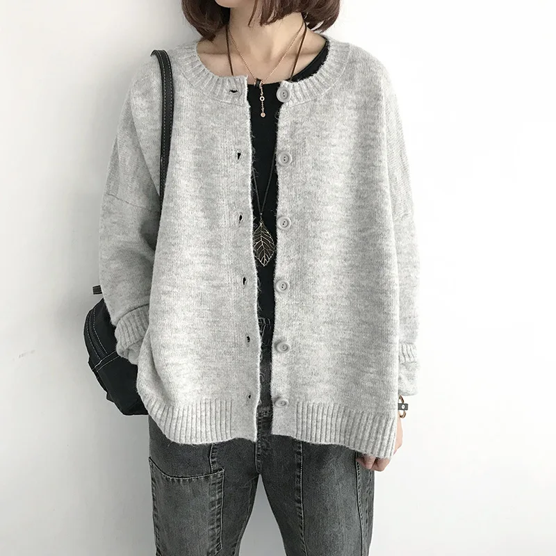 light gray Женский кардиган, свитер с круглым вырезом, однотонный, свободный, однобортный, Повседневный, вязаный кардиган, верхняя одежда, весна-осень, вязаный свитер для женщин - Цвет: light gray