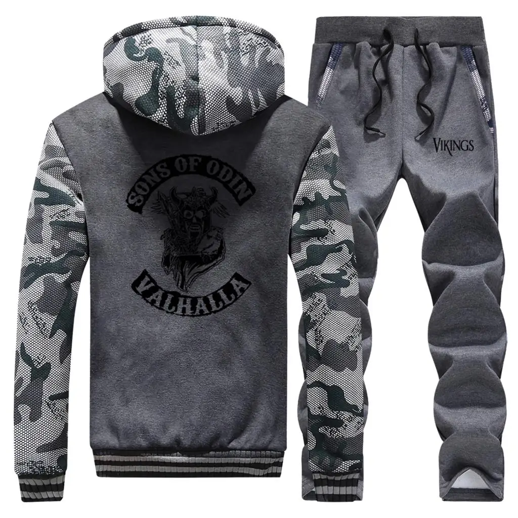 Discount Sons Of Odin Valhalla Chapter Camouflage Thick Hoodies Mens Sweatshirt+Pants 2 Piece Sets Men Fleece Warm Coats Winter Jacket