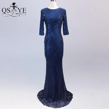 Granatowe suknie wieczorowe na szyję długie rękawy suknia wieczorowa ogon ryby elegancka suknia niebieska Fit kobiety sukienka z cekinami Vestido