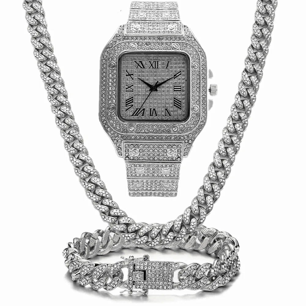 

Iced Out Chain Bling Miami Cuban Link Chain Rhinestone Iced Out Watch Necklaces Bracelet Women Men Charm Jewelry Hip Hop Choker