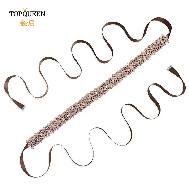 brown TOPQUEEN S28B-RG розовое золото свадебный пояс Стразы пояс для свадебных платьев пояс с бисером ручной работы пояс подруги невесты и пояса - Цвет: brown