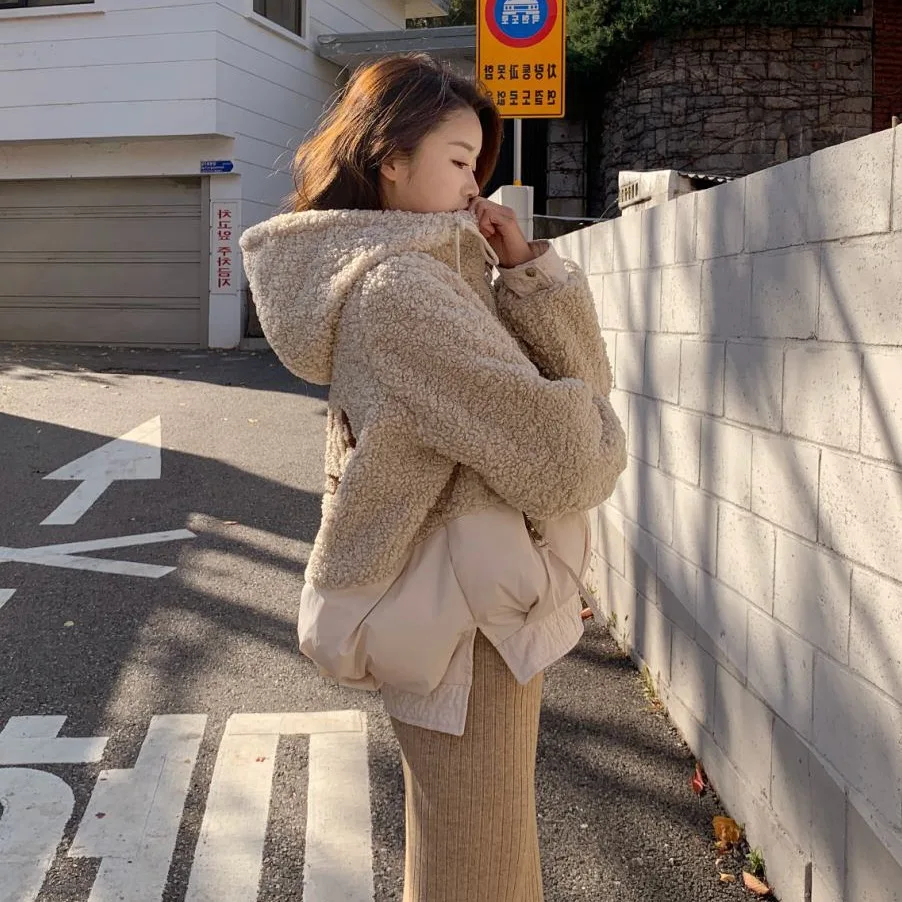

Photo Shoot Main Push CHIC Simple-Style Lettered Lambs Wool Four Colors Loose-Fit Hooded Joint Mock Two-Piece Cotton Overcoat Wo