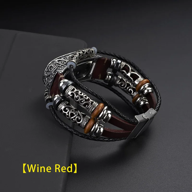 UEBN кожаный Ретро ремешок для часов для xiaomi miband 4 с металлической рельефной каймой браслет DIY браслет для miband 3 умный Браслет - Цвет ремешка: Wine Red