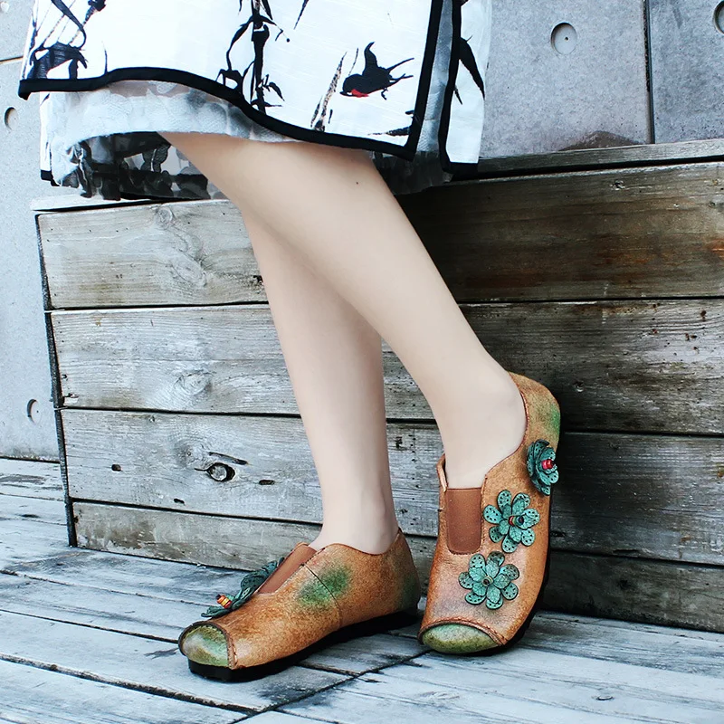 

2019 New Style Ethnic-Style Flower Shoes Women's Vintage WOMEN'S Shoes Genuine Leather Cool Shoes Shallow Mouth round Toe Shoes