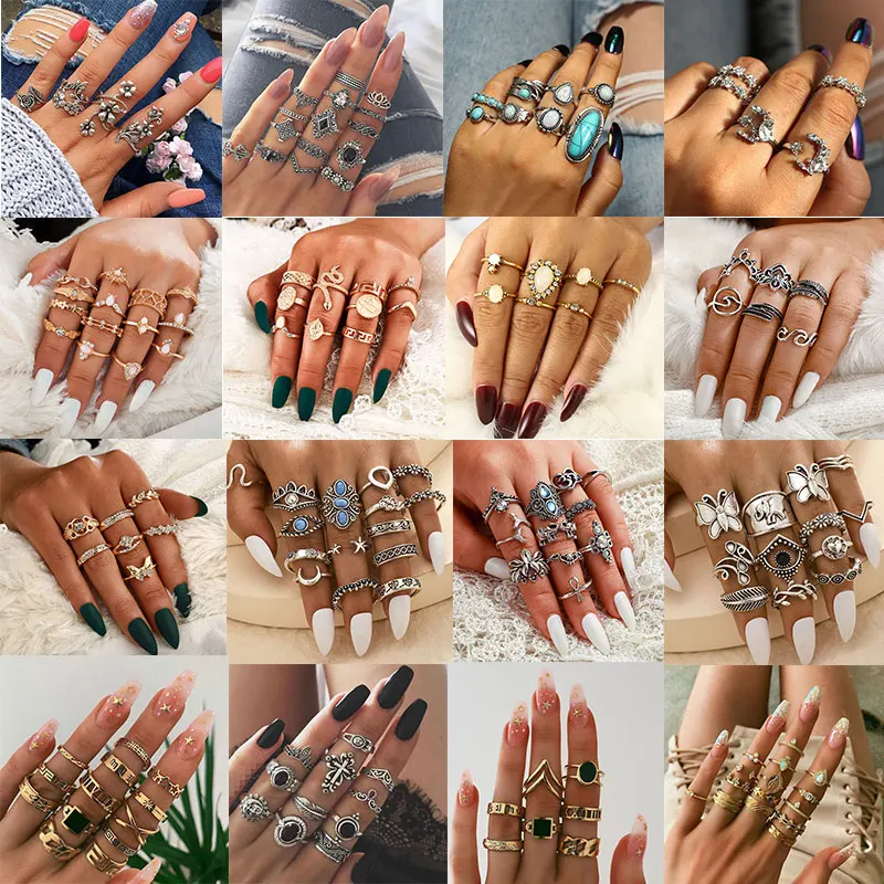 40 Style Rings Set Bohemian Vintage Gold Crescent Geometric Joint Ring Set for Women