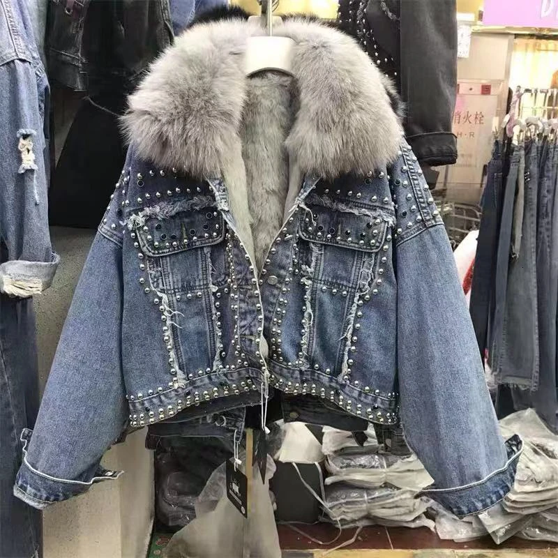 real fur collar Новинка года; зимнее плотное хлопковое пальто с воротником из натурального Лисьего меха и заклепками женская короткая джинсовая куртка с подкладкой из натурального кроличьего меха Студенческая куртка для девочек - Цвет: real fur collar