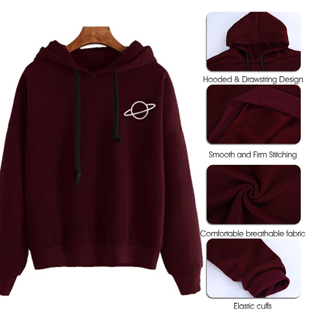 Adisputent 2020 Women Hoodies Casual Planet Print Solid Color Loose Drawstring Sweatshirt Fashion Long Sleeve Hooded Female Tops