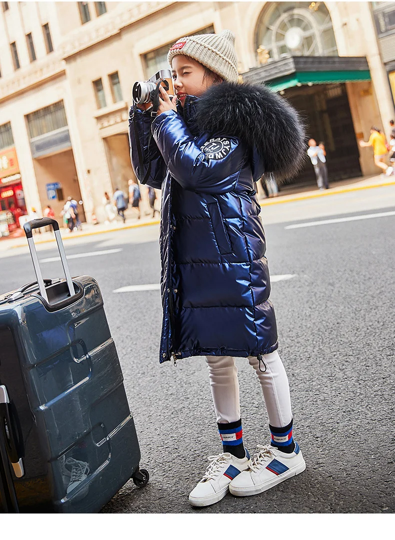Брендовая модная пуховая куртка для девочек Теплые Детские Пуховые парки пальто с мехом для детей-подростков, толстая верхняя одежда для холодной зимы 8850